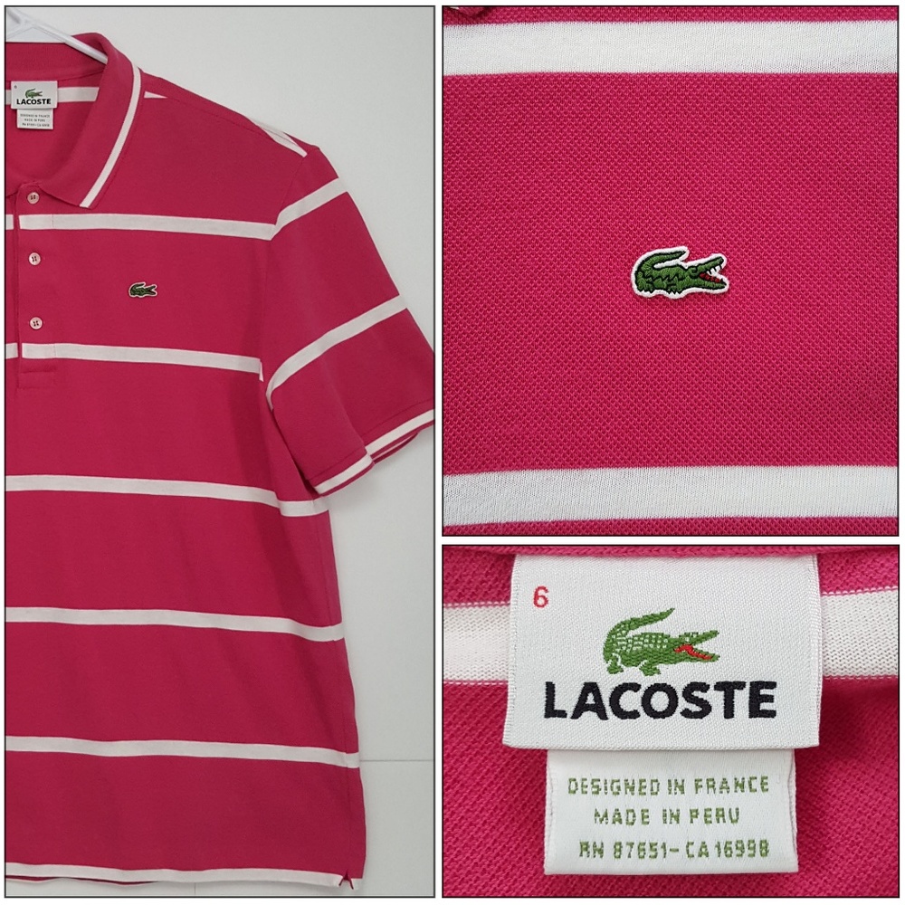 LACOSTE POLO Shirt Pink White Striped Size 6 Large
